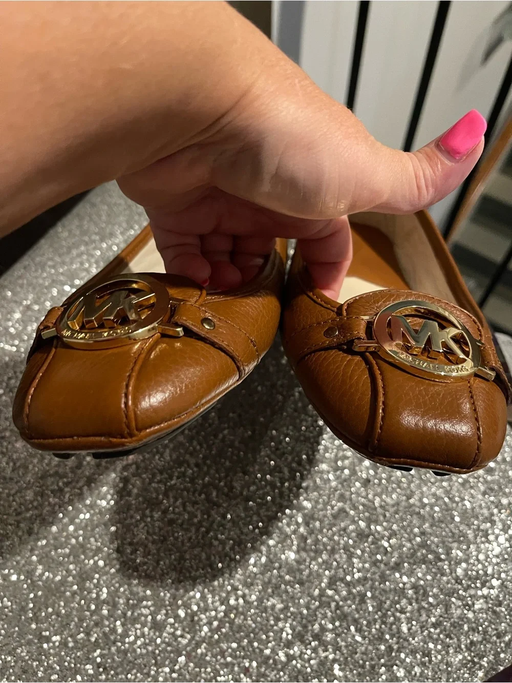 Michael Kors Cognac Leather Ballet Flats with Gold MK Medallion